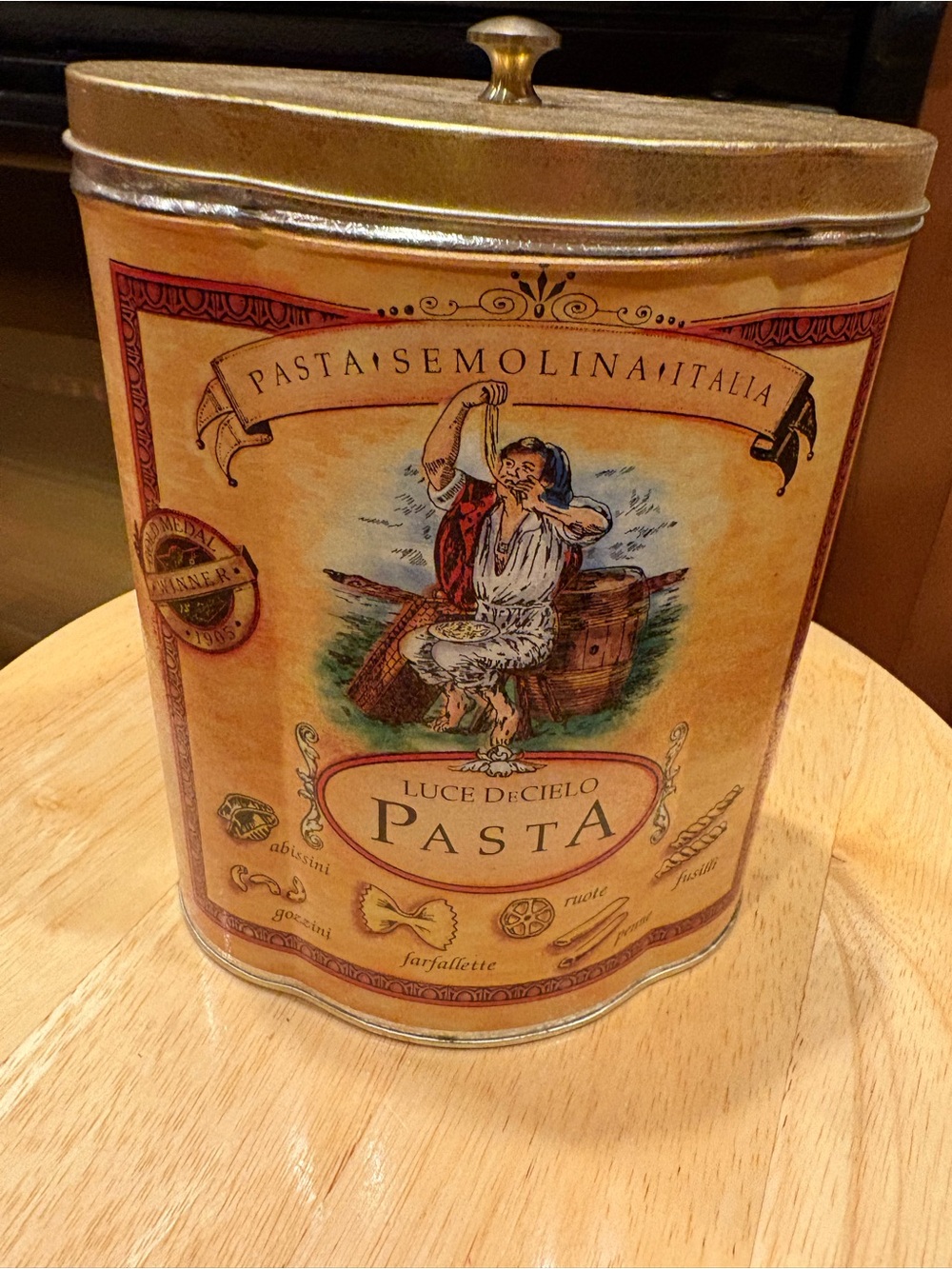Vintage “Pasta Semolina Italia” 1980’s Pasta Decorative Canister - Gold/Tan